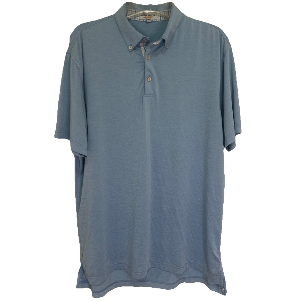 PETER MILLAR Summer Comfort Men's Golf Polo Size Medium‎ Blue Heather W/ Plaid
